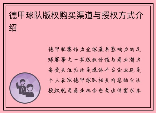 德甲球队版权购买渠道与授权方式介绍